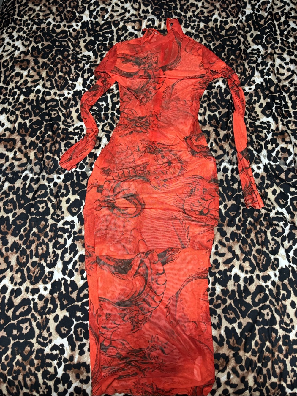 Fashion Nova Red Mesh Dragon-Print Long Sleeve Bodycon Dress